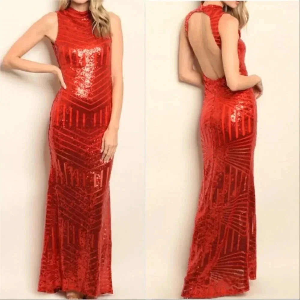 Red Sequin bodycom Backless Maxi Gown Dress